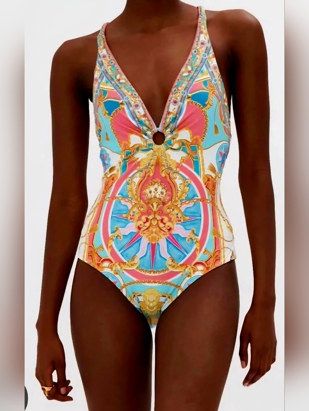 Camilla Multicolor Baroque Print One-Piece Swimsuit (Blue, Pink, Gold, White)